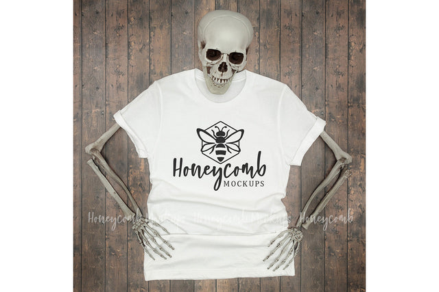 White Bella Canvas 3001 Mockup, Halloween Mockup, Women's White T-Shirt Mockup, Skeleton Mockup Mock Up Photo Honeycomb Mockups 