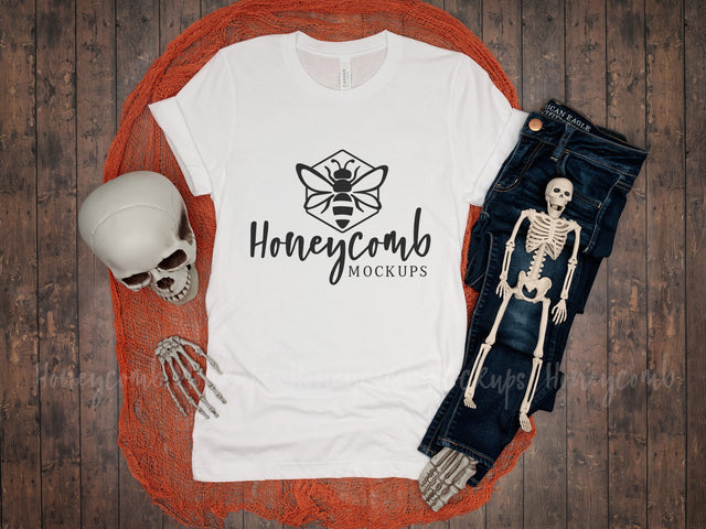 White Bella Canvas 3001 Mockup, Halloween Mockup, Women's White T-Shirt Mockup, Skeleton Mockup Mock Up Photo Honeycomb Mockups 