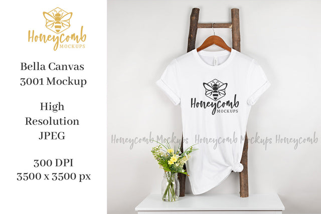 White Bella Canvas 3001 Mockup, Hanging Ladder Mockup, Women's T-Shirt Mockup Mock Up Photo Honeycomb Mockups 