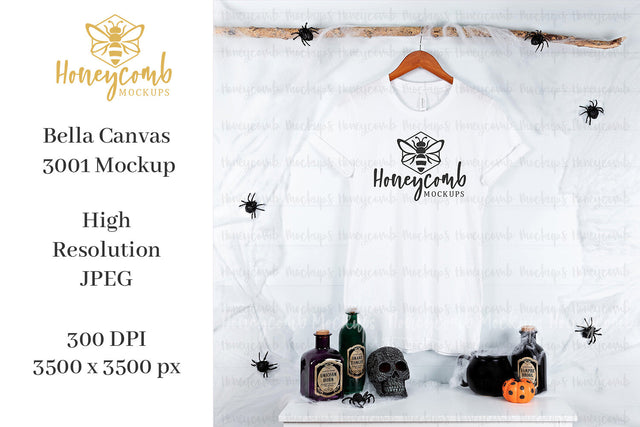 White Bella Canvas 3001 T-Shirt Mockup, Halloween Mockup, Hanging Mockup. White T-Shirt Mockup Mock Up Photo Honeycomb Mockups 
