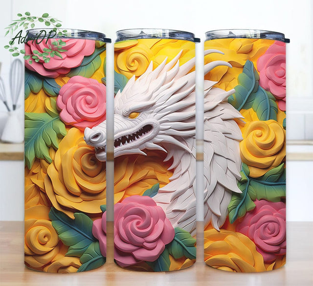 White Dragon Rose 20oz Skinny Tumbler Png, 3D Dragon Tumbler, Dragon Skull Png, Pink Flower and White Dragons Png, Flowers Pink Yellow Tumbler Sublimation AdriOP 