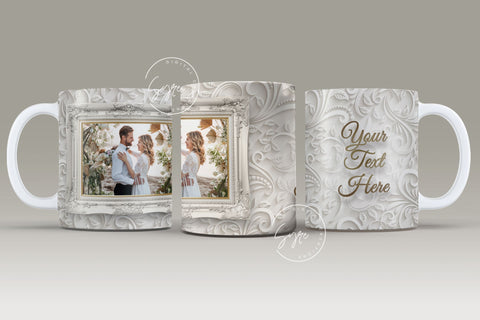 White Floral Photo Mug Png, Wedding Mug Wrap, Add Your Text, Single Image Picture Frame Mug, 11 & 15 Oz Mug Cricut Press Sublimation Wrap Sublimation Syre Digital Creations 