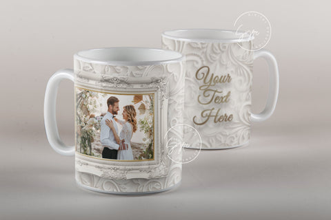 White Floral Photo Mug Png, Wedding Mug Wrap, Add Your Text, Single Image Picture Frame Mug, 11 & 15 Oz Mug Cricut Press Sublimation Wrap Sublimation Syre Digital Creations 