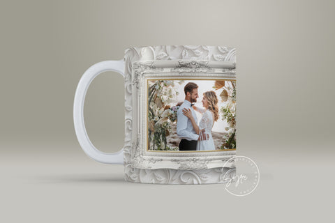 White Floral Photo Mug Png, Wedding Mug Wrap, Add Your Text, Single Image Picture Frame Mug, 11 & 15 Oz Mug Cricut Press Sublimation Wrap Sublimation Syre Digital Creations 