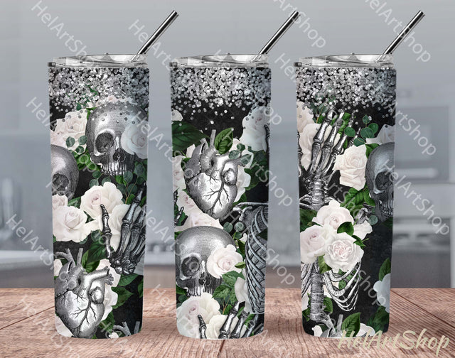 White Flowers Skull Tumbler | Seamless PNG Sublimation Sublimation _HelArtShop_ 