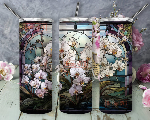 White Orchid Flowers 20oz Skinny Tumbler Png, White Orchid Flowers Framed With Vector Flowers Png, Tropical Flowers Png, Sublimation Design Sublimation DesignSVG 