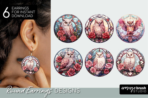 White Owl Sublimation Earrings Bundle Stained Glass Style Sublimation OrangeBrushStudio 
