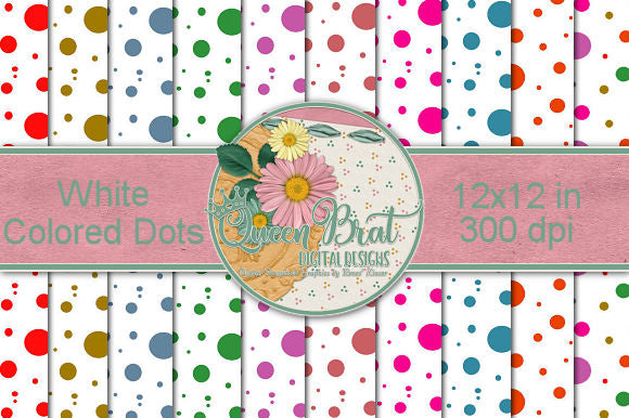 White Papers Colored Dots Digital Pattern QueenBrat Digital Designs 