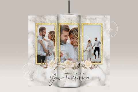 White Photo Tumbler Png, Wedding Tumbler Wrap, 3 Photo Design, Add Your Text, Gold Frame, Floral 20 oz Skinny Tumbler Sublimation wrap PNG Sublimation Syre Digital Creations 