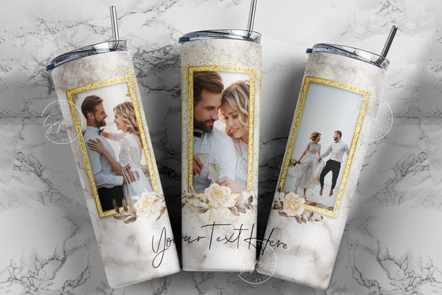 White Photo Tumbler Png, Wedding Tumbler Wrap, 3 Photo Design, Add Your Text, Gold Frame, Floral 20 oz Skinny Tumbler Sublimation wrap PNG Sublimation Syre Digital Creations 