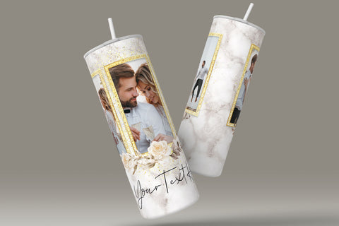 White Photo Tumbler Png, Wedding Tumbler Wrap, 3 Photo Design, Add Your Text, Gold Frame, Floral 20 oz Skinny Tumbler Sublimation wrap PNG Sublimation Syre Digital Creations 