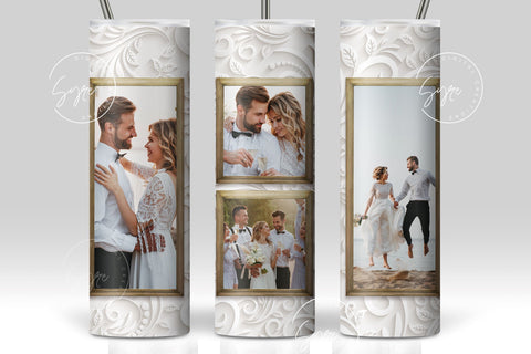 White Photo Tumbler Png, Wedding Tumbler Wrap, 4 Photo Collage Design, Add Your Text, White Floral 20 oz Skinny Tumbler Sublimation wrap PNG Sublimation Syre Digital Creations 