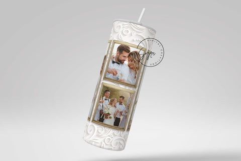White Photo Tumbler Png, Wedding Tumbler Wrap, 4 Photo Collage Design, Add Your Text, White Floral 20 oz Skinny Tumbler Sublimation wrap PNG Sublimation Syre Digital Creations 