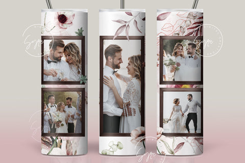White Photo Tumbler Png, Wedding Tumbler Wrap, 4 Photo Collage Design, Add Your Text, White Floral 20 oz Skinny Tumbler Sublimation wrap PNG Sublimation Syre Digital Creations 