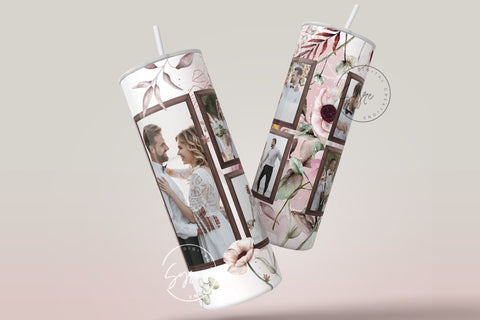 White Photo Tumbler Png, Wedding Tumbler Wrap, 4 Photo Collage Design, Add Your Text, White Floral 20 oz Skinny Tumbler Sublimation wrap PNG Sublimation Syre Digital Creations 