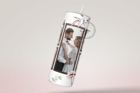 White Photo Tumbler Png, Wedding Tumbler Wrap, 4 Photo Collage Design, Add Your Text, White Floral 20 oz Skinny Tumbler Sublimation wrap PNG Sublimation Syre Digital Creations 