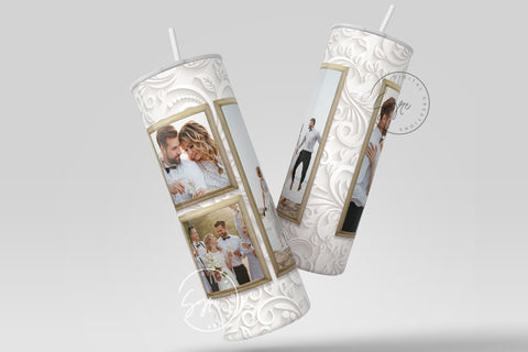 White Photo Tumbler Png, Wedding Tumbler Wrap, 4 Photo Collage Design, Add Your Text, White Floral 20 oz Skinny Tumbler Sublimation wrap PNG Sublimation Syre Digital Creations 
