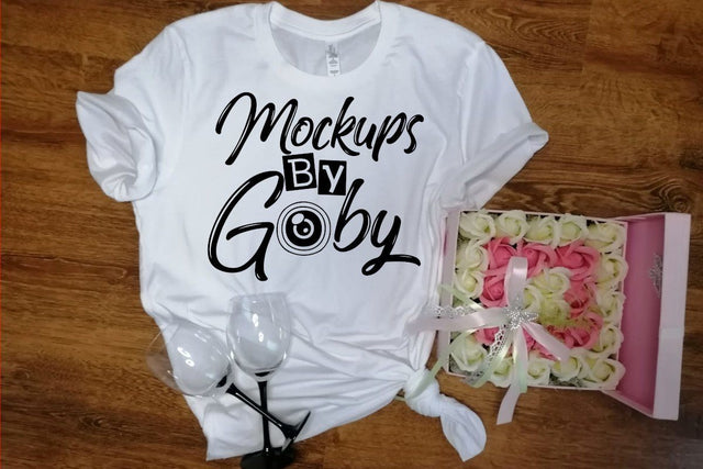 White T-shirt Mockups, Flower Box, Valentine's day, Glasses of wine Flat Lays Image, Digital Mockups, White, Mock Up, Wood Background Mockup Mock Up Photo ArtStudio 