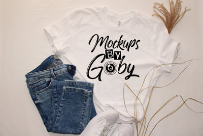 White T-shirt Mockups, Jeans Template, Rolled Sleeve, Shirt Mock Up, Bella Canvas 3001 Tshirt,Flat Lays Pictures, Digital,Download Jpg Files Mock Up Photo ArtStudio 