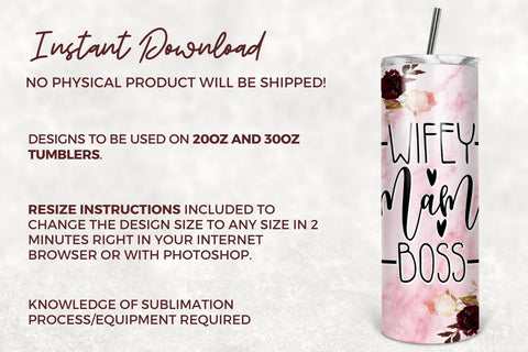 Wife Mama Boss Tumbler Sublimation Design - Straight & Tapered Skinny Tumbler 20oz 30oz Design - PNG Sublimation TumblersByPhill 