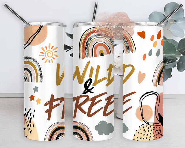 Wild And Free 20oz Skinny Tumbler, Boho Rainbow Tumbler Wrap, Boho Tumbler With Lid And Straw, Boho Sublimation Design, Instant Download Sublimation Rabbitmakies 