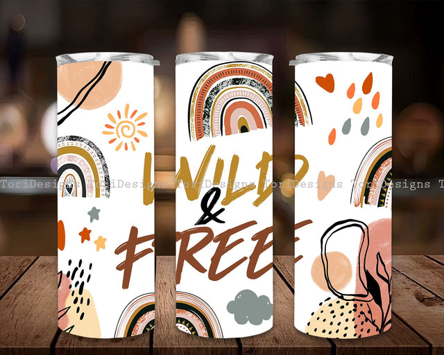 Wild and Free 20oz Skinny Tumbler Sublimation Designs Boho Rainbow Wild and Free Tumbler for Straight Tumbler PNG Sublimation ToriDesigns 