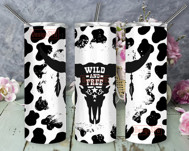 Wild and Free Longhorn Cow Skull 20oz Skinny Tumbler, Western Cow Skull Feathers Tumbler Png, Cowhide Design Tumbler, Digital Download Sublimation DesignSVG 