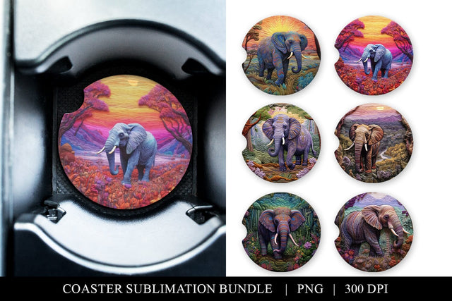 Wild Elephant Faux Embroidery Car Coaster Sublimation Bundle Sublimation BijouBay 