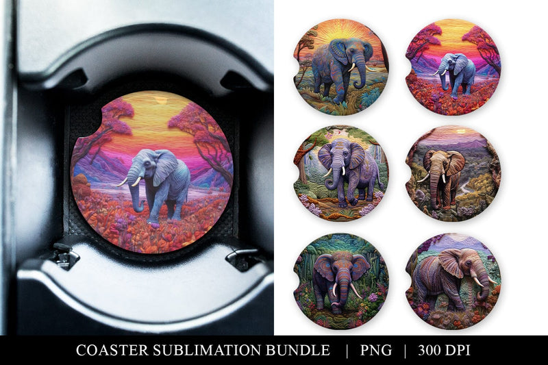 Wild Elephant Faux Embroidery Car Coaster Sublimation Bundle Sublimation BijouBay 