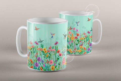 Wild Flower Print Mug Design, Hummingbird Mug Wrap, Earthy Boho Floral Mug Wrap, Printable 11 & 15 Oz Mug Cricut Press Sublimation Wrap Sublimation Syre Digital Creations 