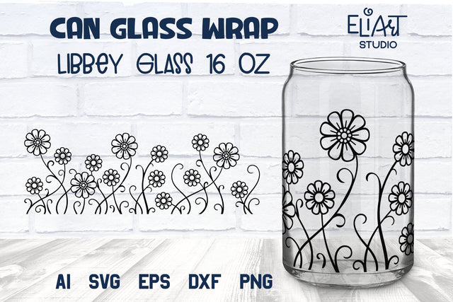 Wild Flowers Libbey Glass Can SVG, Floral Beer Can Glass Wrap, 16 OZ Libbey Glass PNG. SVG Elinorka 
