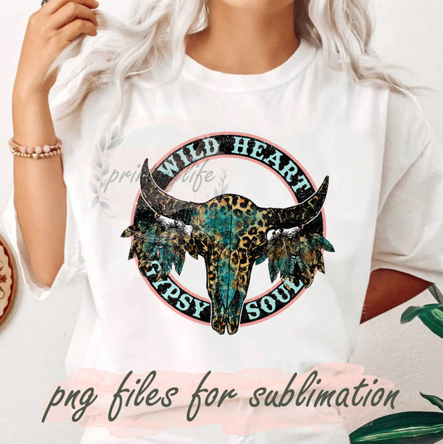Wild Heart Gypsy Soul Sublimation Png, Western Boho Cow Skull Design Png, Cow Skull Leopard Png, Western Leopard Turquoise Design Png, Wild Heart PNG File, Digital Download Sublimation PrintingLife 