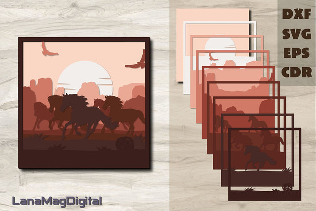 Wild west horses svg Layered wild horses | Arizona mountains 3D Paper LanaMagDigital 