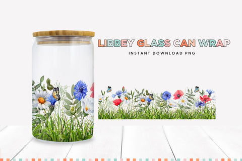 Wildflower Floral Spring Themed Glass Can Seamless Wrap PNG Sublimation BijouBay 
