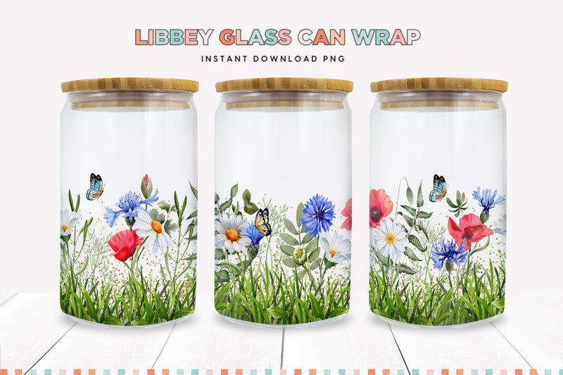 Wildflower Floral Spring Themed Glass Can Seamless Wrap PNG Sublimation BijouBay 