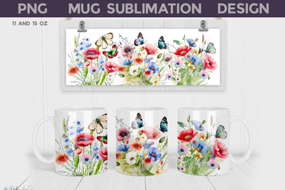 Wildflower Mug Wrap | Poppies Mug Sublimation Sublimation WatercolorColorDream 