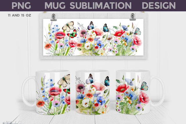Wildflower Mug Wrap | Poppies Mug Sublimation Sublimation WatercolorColorDream 