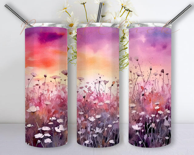 Wildflowers 20oz Skinny Tumbler Png, Watercolour White Wildflowers Feld Meadow Pink And Purple Sunset Png, Floral Tumbler Wrap, Floral Seamless Designs Sublimation PixelChick 