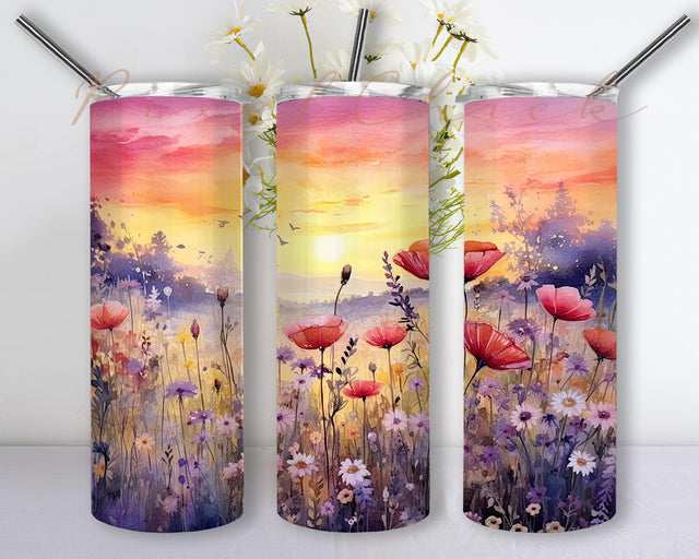 Wildflowers 20oz Skinny Tumbler Png, Watercolour White Wildflowers Feld Meadow Pink And Purple Sunset Png, Floral Tumbler Wrap, Floral Seamless Designs Sublimation PixelChick 