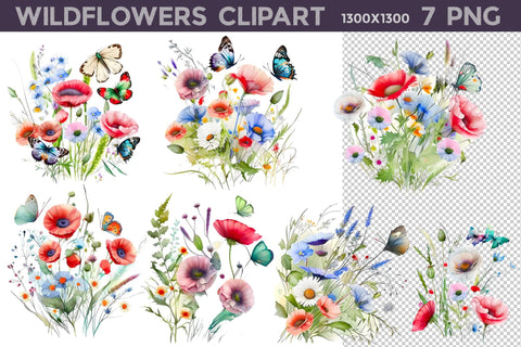 Wildflowers Clipart PNG | Poppy With Butterfly Clipart Sublimation WatercolorColorDream 