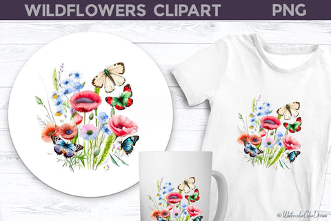 Wildflowers Clipart PNG | Poppy With Butterfly Clipart Sublimation WatercolorColorDream 
