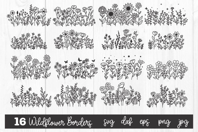 Wildflowers svg, wildflower border svg, floral svg, flower meadow svg, doodle flower svg, flower sketch svg, flower svg, png, eps, dxf SVG dadan_pm 