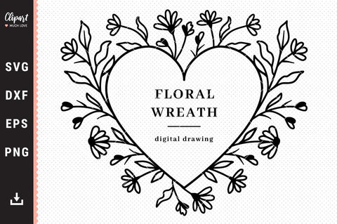 Wildflowers wreath SVG, Heart frame SVG, Floral wreath SVG, DXF, Cricut, Silhouette SVG ClipartMuchLove 