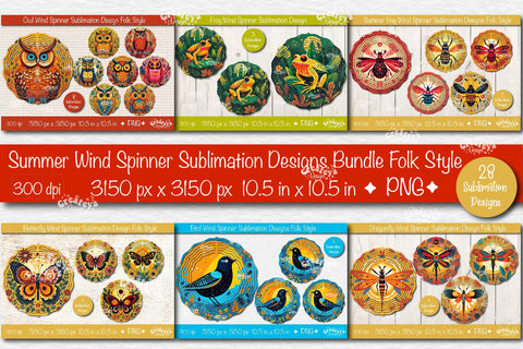 Wind Spinner Sublimation Bundle Designs PNG Butterfly, Dragonfly, Frog, Owl, Bugs and Bird Sublimation Createya Design 