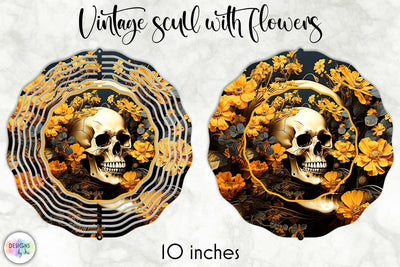 Wind Spinner with Skull and Marigold Flowers, Vintage Wind Spinner Design Sublimation Designs by Ira 