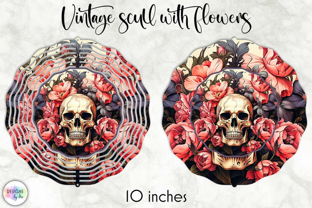 Wind Spinner with Vintage Skull and Flowers Sublimation Designs by Ira 