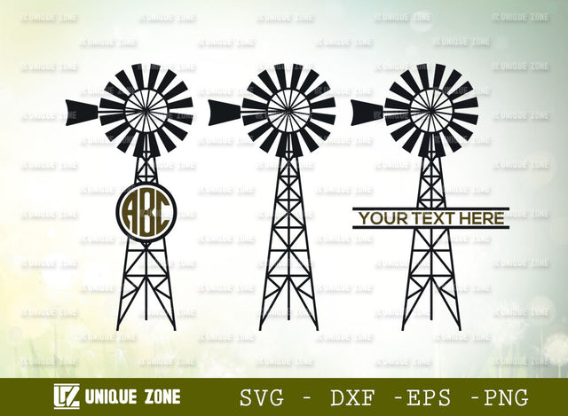 Wind Turbine Monogram SVG Cut File, Wind Turbines Landscape Svg, Wind Energy Svg, Windmill Svg, Electric Pole Svg, Farmhouse Windmill Svg SVG Unique Zone 