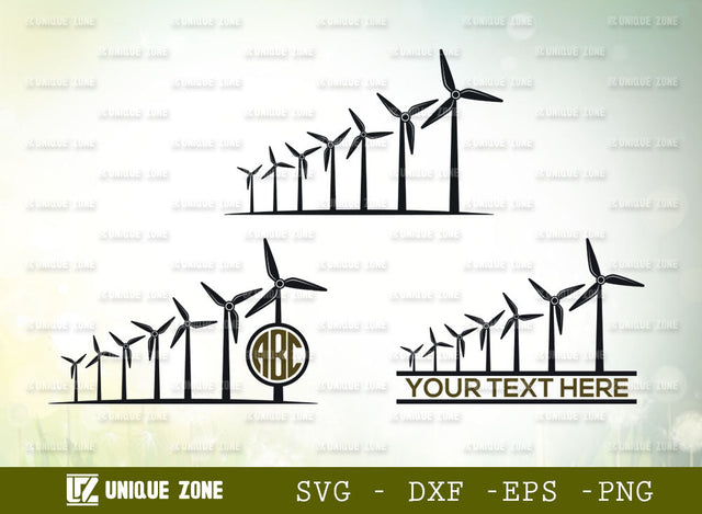 Wind Turbine Monogram SVG Cut File, Wind Turbines Landscape Svg, Wind Energy Svg, Windmill Svg, Electric Pole Svg, Farmhouse Windmill Svg SVG Unique Zone 