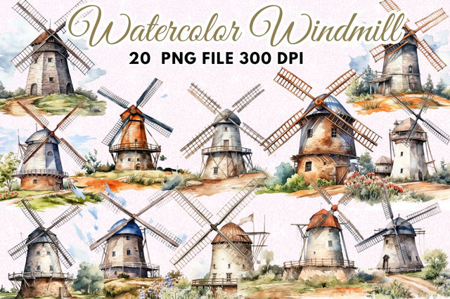 Windmill Watercolor Clipart Bundle Sublimation Regulrcrative 