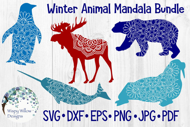 Winter Animal Mandala Bundle | Elk | Moose | Narwhal | Penguin | Polar Bear | Walrus SVG Wispy Willow Designs